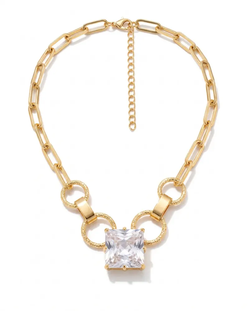 Colar elos dourado com pedra quadrada