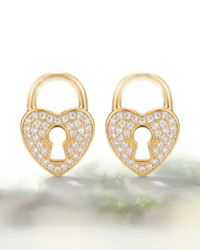 Brinco cadeado de coração dourado