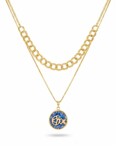 Colar duplo dourado com pingente azul