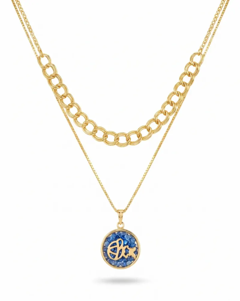 Colar duplo dourado com pingente azul