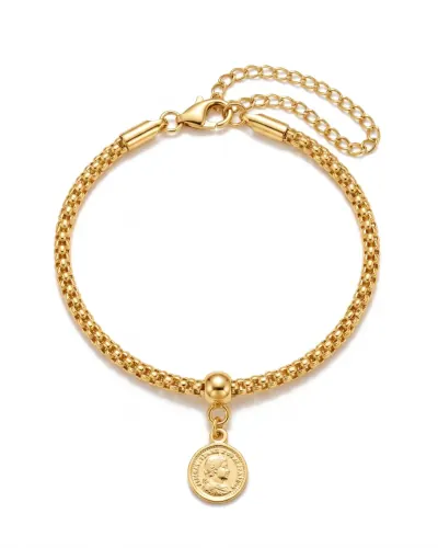 Pulseira dourada com pingente de medalha