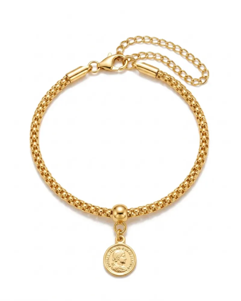 Pulseira dourada com pingente de medalha