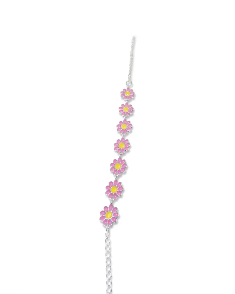 Pulseira prata com margaridas rosa