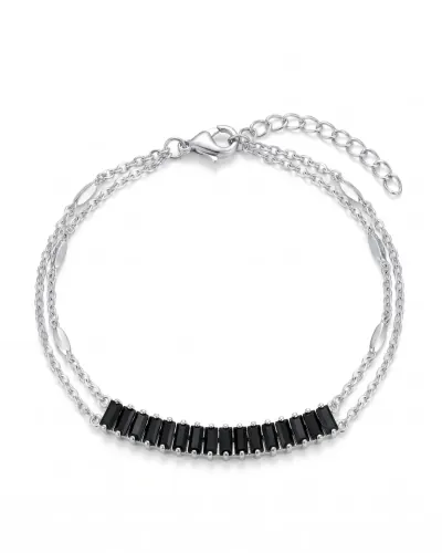 Pulseira dupla prata com zircônias pretas