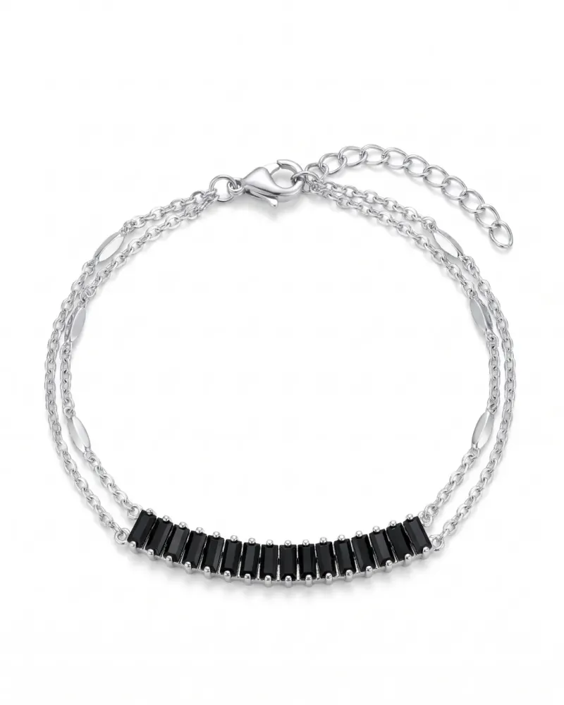 Pulseira dupla prata com zircônias pretas