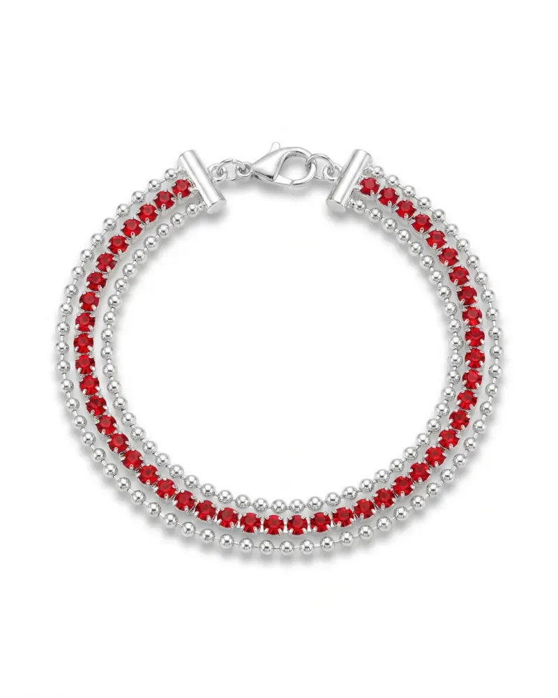 Pulseira tripla prata com strass vermelho