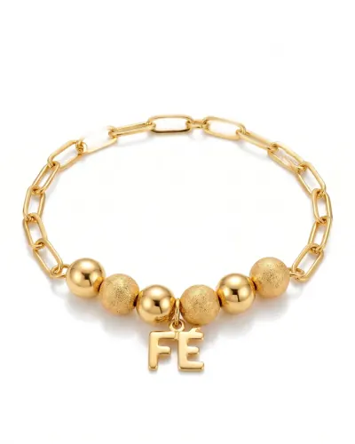 Pulseira dourada com esferas e pingente FÉ