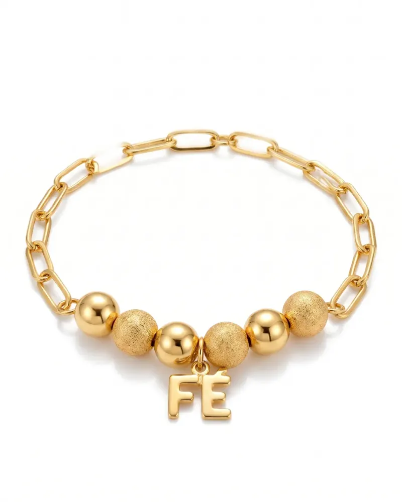 Pulseira dourada com esferas e pingente FÉ
