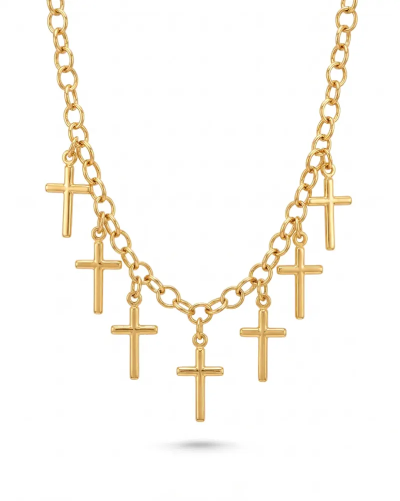 Colar dourado com pingentes de cruz