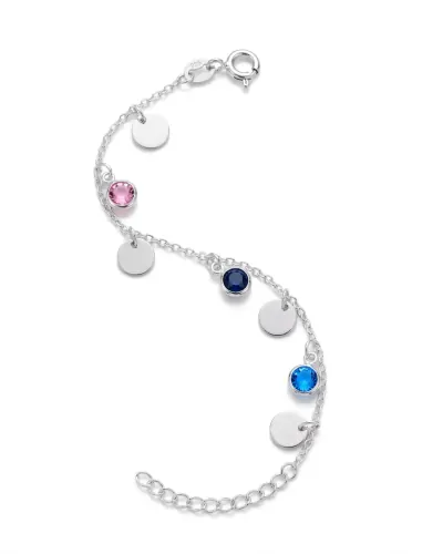 Pulseira de prata com medalhas e cristais coloridos
