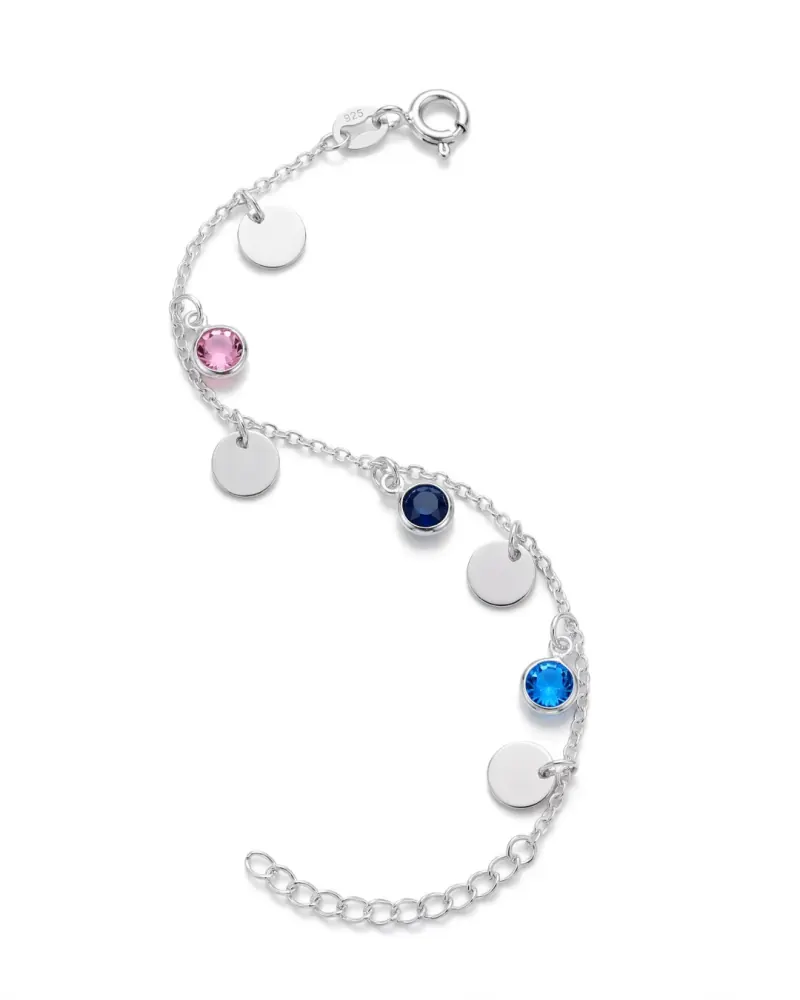 Pulseira de prata com medalhas e cristais coloridos