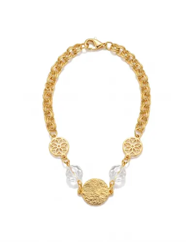 Pulseira dourada com cristais e medalha