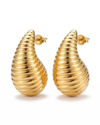 Brinco gota canelada dourado