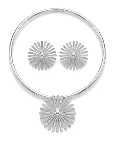 Colar choker e brincos flor prata