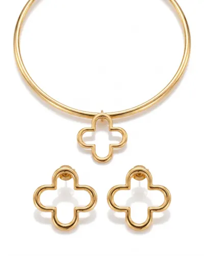 Conjunto colar aro e brincos trevo