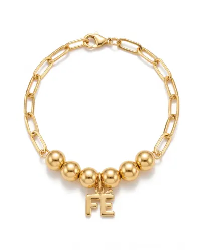 Pulseira dourada esferas e pingente Fé