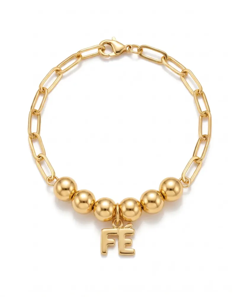 Pulseira dourada esferas e pingente Fé