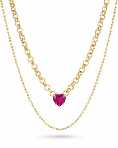 Colar duplo dourado com coração magenta