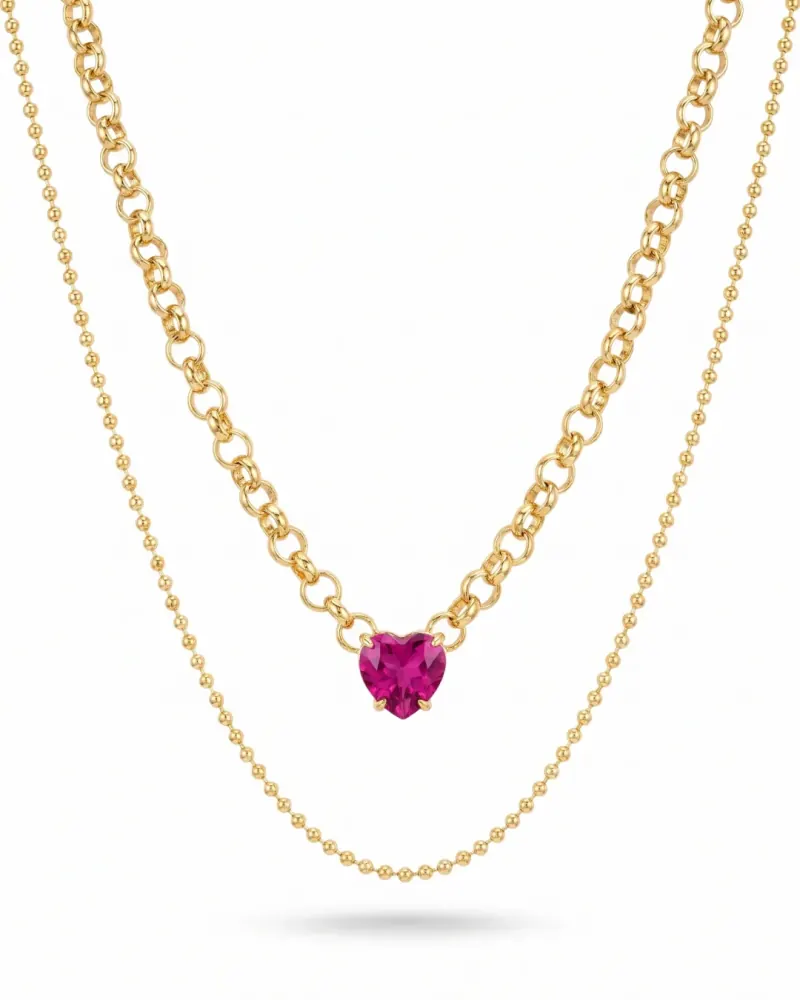 Colar duplo dourado com coração magenta