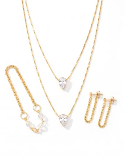 Colar duplo dourado com gota cristal